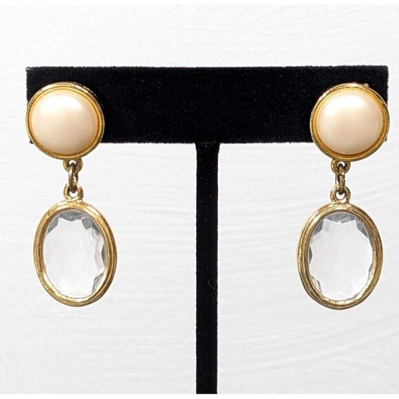Estate Jewelry - Vintage Gold Tone Faceted Oval Acrylic Bezel Faux Pearl Drop Pierced Earrings
